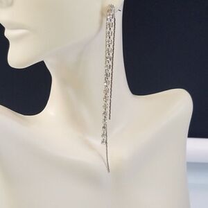 Crystal Rhinestones Silver Chains Dangling Drop Tassel Earrings 3 Strands 4" L